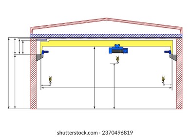 Overhead crane sketch with dimensions. Dimensional drawing.