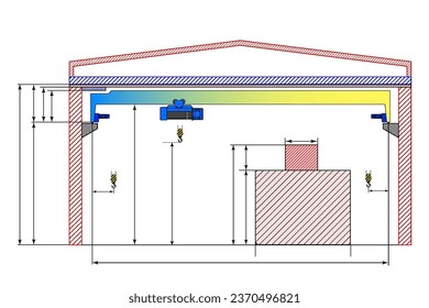 Overhead crane sketch with dimensions. Dimensional drawing.