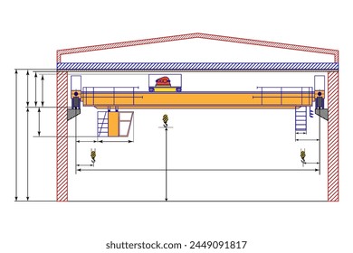 Esbozo de grúa aérea con dimensiones. Dibujo dimensional.	