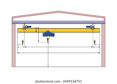 Overhead crane sketch with dimensions. Dimensional drawing.