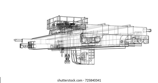 Overhead crane sketch. Vector rendering of 3d. Wire-frame style. The layers of visible and invisible lines are separated