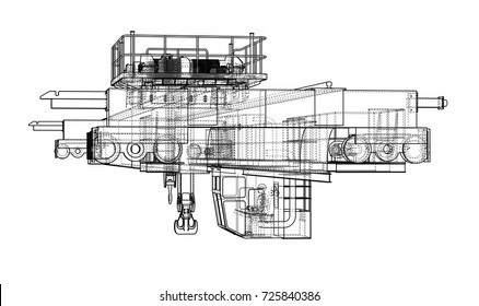 Overhead crane sketch. Vector rendering of 3d. Wire-frame style. The layers of visible and invisible lines are separated