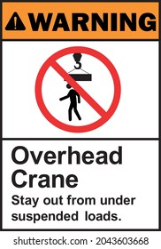 Overhead crane stay out from under suspended loads warning sign. Construction signs and symbols.