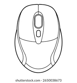 An overhead depiction features a computer mouse outline using simple, smooth black lines on a white background. The mouse shows the standard layout buttons, wheel, and ergonomic curves.
