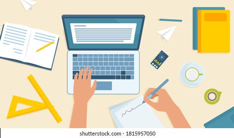 Vista superior del escritorio superior, ilustración del vector del lugar de trabajo de la escuela. Estacionamiento y educación variada y estudio de cosas alrededor. De vuelta al concepto escolar. Fondo de madera