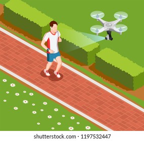 Overhead drone camera providing valuable coaching data in sport training isometric composition with runner vector illustration