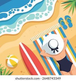 Overhead Ilustração plana da mulher Banho de sol em uma toalha de praia colorida pelo oceano