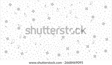 Overhead floral field with petals falling line illustration backdrop. Top view lush meadow springtime flowers. Peaceful grass wildflowers daisies 2D ink outline monochrome background. Lineart vector