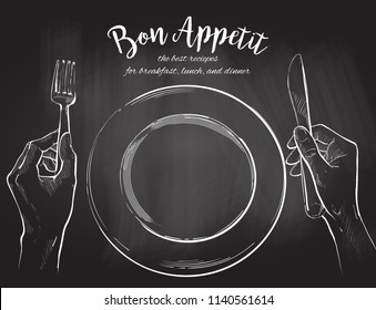 Overhead hands holding a knife and fork by a white plate on a table on white background. Fork and knife in hand vector chalk drawing on the blackboard illustration. Cutlery manual sketch line drawing.