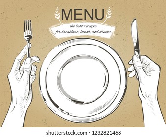 Overhead hands holding knife   fork by white plate table white background  Fork   knife in hand Vector illustration  Cutlery manual sketch line drawing 