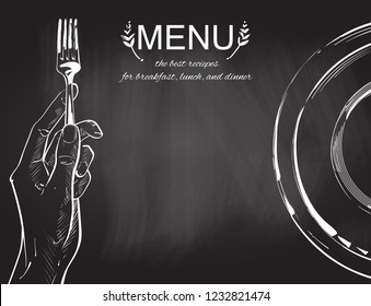 Overhead Hands Holding A Knife And Fork By A White Plate On A Table On White Background. Fork And Knife In Hand Vector Chalk Drawing On The Blackboard Illustration. Cutlery Manual Sketch Line Drawing.