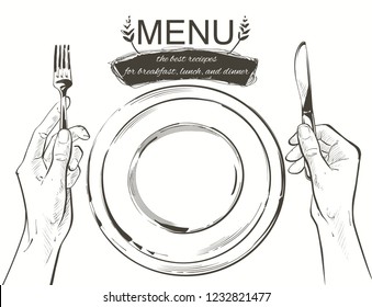 Overhead hands holding a knife and fork by a white plate on a table on white background. Fork and knife in hand Vector illustration. Cutlery manual sketch line drawing.