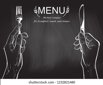Overhead hands holding a knife and fork by a white plate on a table on white background. Fork and knife in hand vector chalk drawing on the blackboard illustration. Cutlery manual sketch line drawing.