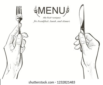 Overhead hands holding a knife and fork by a white plate on a table on white background. Fork and knife in hand Vector illustration. Cutlery manual sketch line drawing.