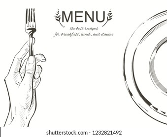 Overhead hands holding a knife and fork by a white plate on a table on white background. Fork and knife in hand Vector illustration. Cutlery manual sketch line drawing.