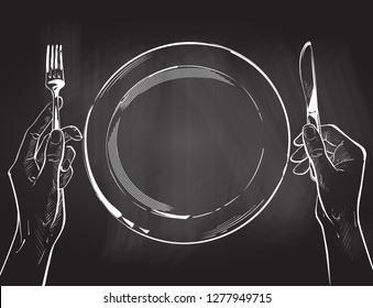 Overhead hands holding a knife and fork by a white plate on a table on white background. Fork and knife in hand vector chalk drawing on the blackboard illustration. Cutlery manual sketch line drawing.