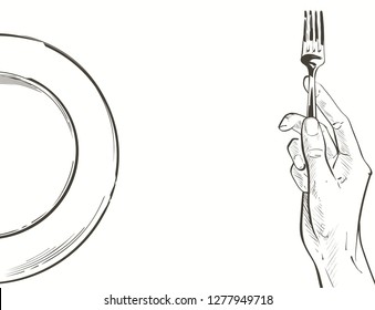 Overhead hands holding a knife and fork by a white plate on a table on white background. Fork and knife in hand Vector illustration. Cutlery manual sketch line drawing.