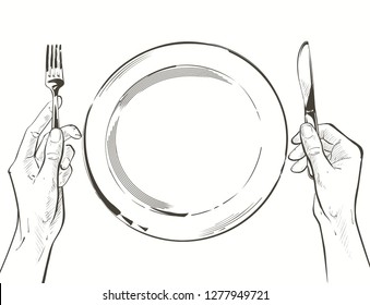 Overhead hands holding knife   fork by white plate table white background  Fork   knife in hand Vector illustration  Cutlery manual sketch line drawing 