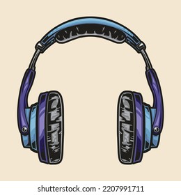 Overhead headset colorful element vintage for playing and listening to music in portable radio player vector illustration