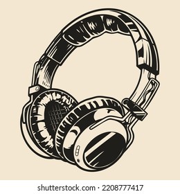 Overhead headset vintage monochrome emblem with gadget to listen to your favorite music and enjoy stereo sound vector illustration