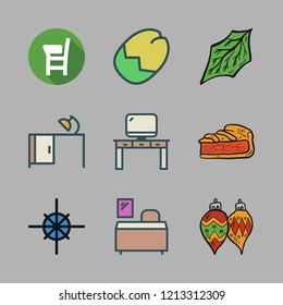 overhead icon set. vector set about bauble, desk, composition and leaf icons set.