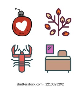 overhead icon set. vector set about desk, lobster, leaves and bauble icons set.