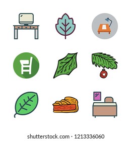 Overhead Icon Set. Vector Set About Pie, Bauble, Leaf And Desk Icons Set.