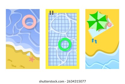 ilustração aérea de uma praia e piscina. destino de férias de verão. ilustração simples conjunto de praia e piscina