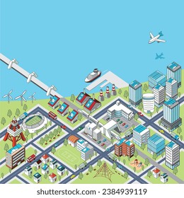 Overhead illustration of a cityscape by the sea