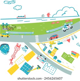 Overhead illustration depicting life in a downtown area with a view of the sea	
					
