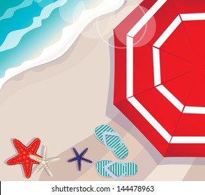 Overhead Illustration Depicting A Summer Vacation At The Seaside With A Colourful Red Beach Umbrella Above Starfish Lying O The Golden Sand Lapped By A Blue Ocean