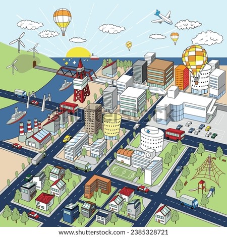 Overhead illustration of a lively cityscape by the sea