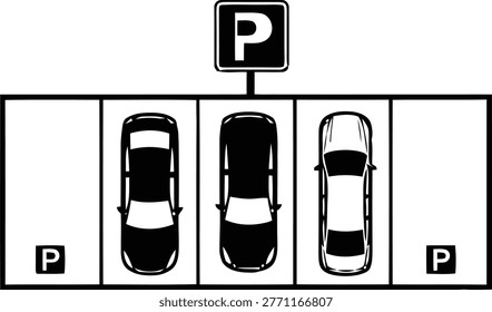 An overhead illustration of a parking lot showing two parked cars and one available empty space. A prominent 'P' sign marks the lot, with smaller 'P' symbols indicating each individual spot. This clean black and white minimalist graphic is perfect for web design, apps, or transportation-related projects.