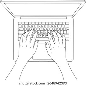 Overhead Line Art of Hands Typing on Laptop Keyboard - Vector Illustration
