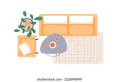 El diseño interior de la sala de estar. Sofá, sillón, cojines, mesa baja, moqueta en el salón. Mobiliario y planta de la casa, por encima de la vista superior. Ilustración vectorial plana aislada en fondo blanco