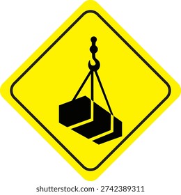 Overhead load hazard warning sign with crane hook and heavy block pictogram on yellow diamond