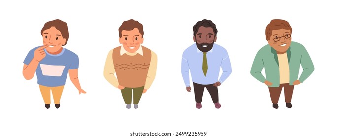 Overhead people from different social strata looking up. Vector isolated surprised male cartoon characters faces watching and staring, top down view. Amazed shocked men, standing and gazing