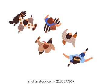 Overhead people going on different businesses. Top view of human characters walking, moving outdoors on street. Citizens, passers from above. Flat vector illustration isolated on white background - Shutterstock ID 2185377667