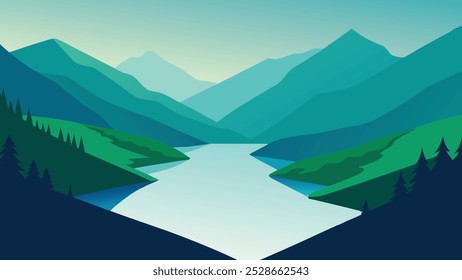 Overhead perspective of a tranquil lake nestled within a vibrant green valley landscape flat vector illustration