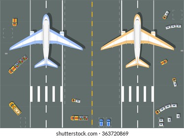 Overhead   point of view airport with all the buildings, planes, helicopter,  vehicles and  runway