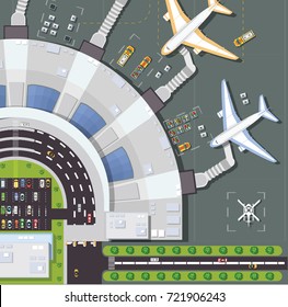 Overhead point of view airport with all the buildings, planes, vehicles and  runway