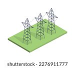 Overhead power line concept. Transmission of electricity and energy from power plants to city. Modern technologies and innovations. Template, layout and mock up. Cartoon isometric vector illustration