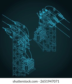 Planos isométricos de la estación del transformador de la torre del alimentador de la línea eléctrica aérea Ilustración vectorial estilizada