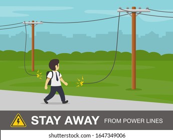 Overhead power line safety. School boy looking at sagging or downed power line. Flat vector illustration.