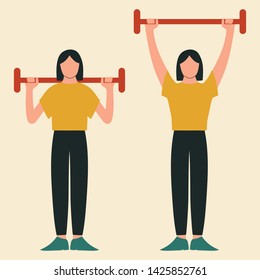 Overhead press. Top body workout. Upper body exercises. Flat vector illustration.