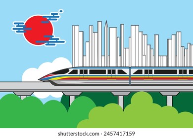 Fondo de monorraíl o skytrain ferroviario superior con edificios de gran altura dibujo de la vista de la ciudad en Vector de dibujos animados de colores