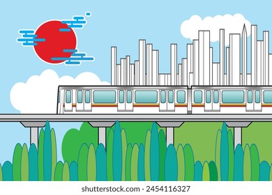Tren de ferrocarril aéreo o fondo de skytrain con edificios de gran altura dibujo de la vista de la ciudad en Vector de dibujos animados de colores