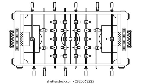 Overhead schematic illustration of a tabletop soccer game. Suitable for sports designs, game room layouts, or recreation brochures.