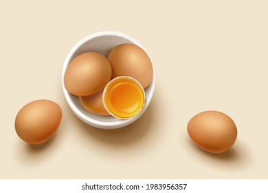 Overhead shot of a bowl of fresh brown eggs and two eggs lying beside. Food elements isolated on beige background.