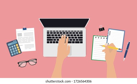 Overhead shot of man working on laptop, Flat lay, top view office table, Home learning, man hands with pencil writing on notebook.